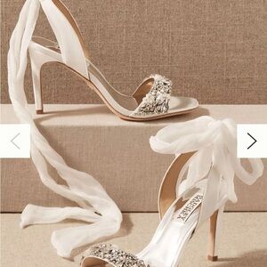 Badgley Mischka White Satin Heels with Crystal Accents 8.5
